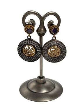 Sterling Elegant Gold and Purple and pave Filigree dangle earrings mixed metal